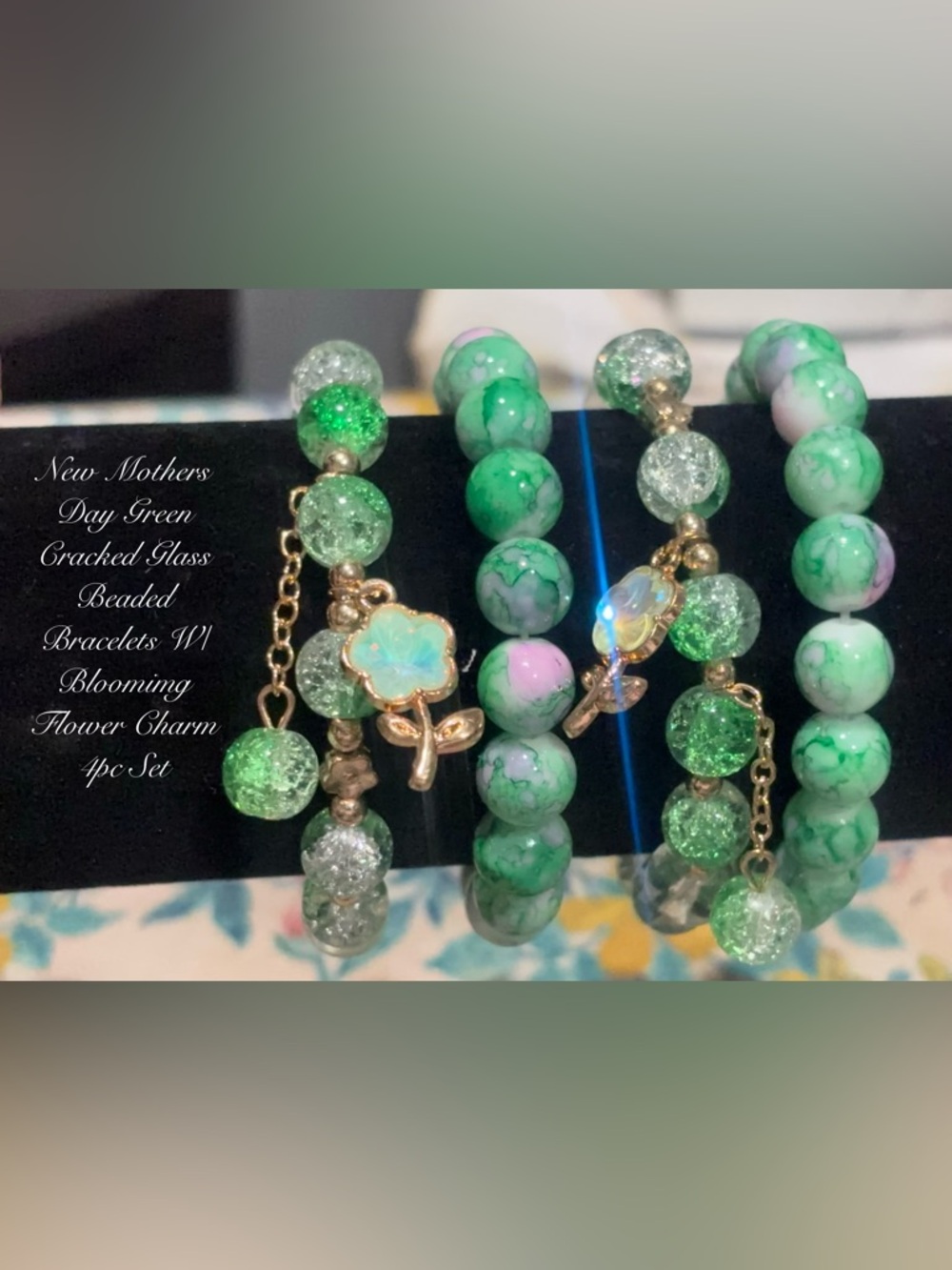 NEW MOTHERS DAY GREEN PINK GLASS BEADED BRACELETS W/BLOOMING FLOWERS CHARMS 4PC - Picture 2 of 2
